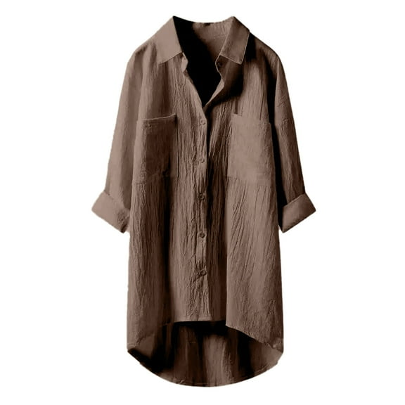 MIXUE Women Blouses Linen Solid Color Lapel Long Sleeve Temperament Loose Womens Summer Tops Outwear,Brown,XXXXL