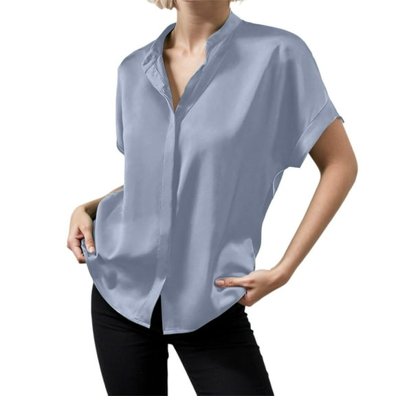 MIXUE Women Blouses Satin Solid Color Lapel Short Sleeve Loose Womens Summer Tops Activewear,Blue,L