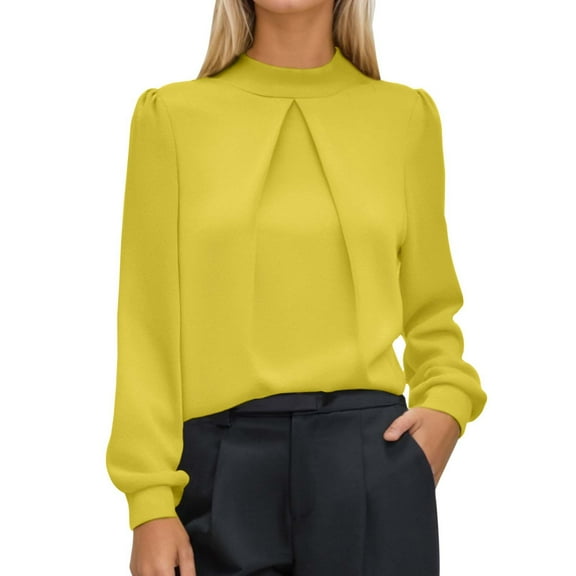MIXUE Women Blouses Satin Solid Color Stank Long Sleeve Casual Stylish Formal Womens Summer Tops Daily-Wear,Yellow,S
