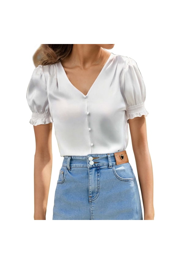 Women Blouses Satin Solid Color V Neck Button Up Casual Short Sleeve Ruffle Hem Fashion Womens Summer Tops Beachwear,White,XS