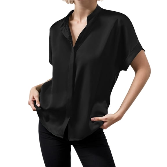 MIXUE Women Blouses Satin Solid Color V Neck Stank Short Sleeve Womens Summer Tops Activewear,Black,S