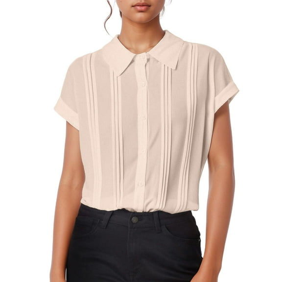 MIXUE Women Blouses Solid Color Lapel Short Sleeve Button Up Casual Work Loose Fit Womens Summer Tops Streetwear,Beige,S