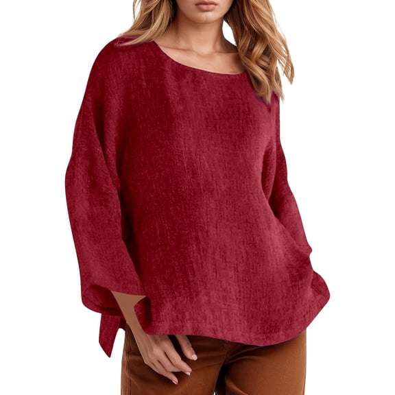 MIXUE Women Blouses Solid Color Round Neck Long Sleeve Loose Fit Casual Womens Summer Tops Daily-Wear,Red,L