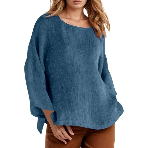 MIXUE Women Blouses Solid Color Round Neck Long Sleeve Loose Fit Casual Womens Summer Tops Streetwear,Blue,M