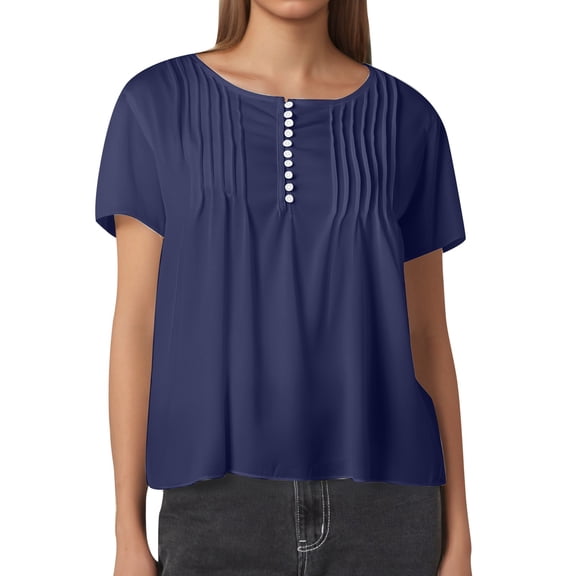 MIXUE Women Blouses Solid Color Round Neck Short Sleeve Fashion Casual Womens Summer Tops Daily-Wear,Blue,M