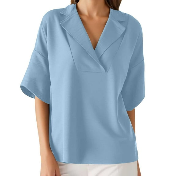 MIXUE Women Blouses Solid Color Shirt Chiffon V Neck Lapel Short Sleeve Loose Casual Business Work S Womens Summer Tops Holiday Wear,Blue,XXL