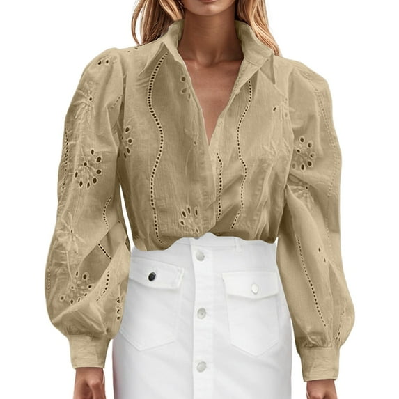 MIXUE Women Blouses Solid Color Shirt Floral Embroidery Hollow Out V Neck Lapel Long Sleeve Loose Casual Fashion Cardigan S Womens Summer Tops Daily-Wear,Beige,M