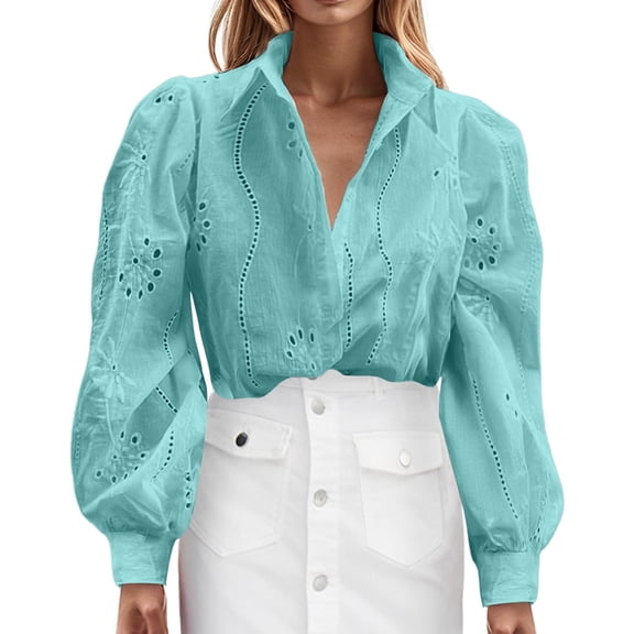 MIXUE Women Blouses Solid Color Shirt Floral Embroidery Hollow Out V Neck Lapel Long Sleeve Loose Casual Fashion Cardigan S Womens Summer Tops Outwear,Blue,XL