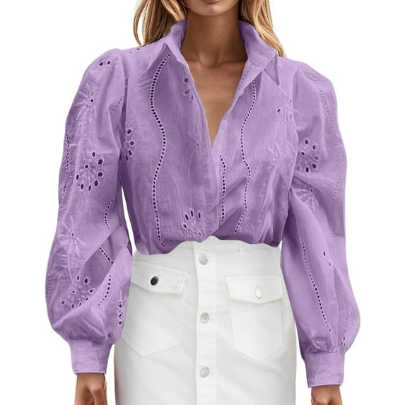 MIXUE Women Blouses Solid Color Shirt Floral Embroidery Hollow Out V Neck Lapel Long Sleeve Loose Casual Fashion Cardigan S Womens Summer Tops Outwear,Purple,L