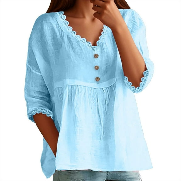 MIXUE Women Blouses Solid Color Shirt Lace V Neck Short Sleeve Casual Pullover S Womens Summer Tops Outwear,Blue,XXXL