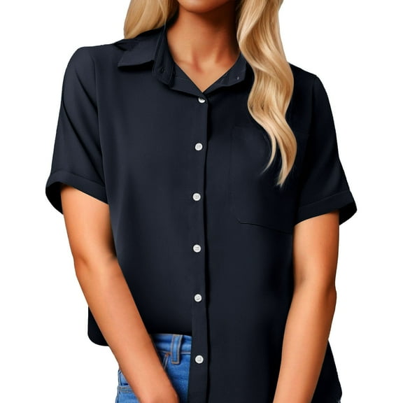 MIXUE Women Blouses Solid Color Shirt Lapel Button Short Sleeve Pocket Fashion Casual S Womens Summer Tops Daily-Wear,Blue,S