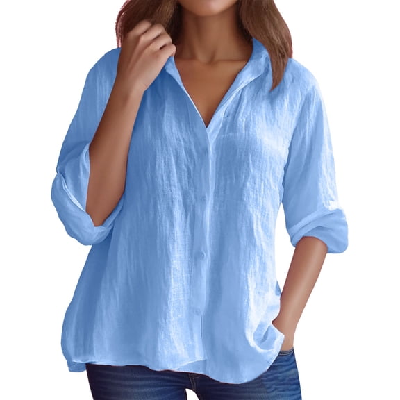 MIXUE Women Blouses Solid Color Shirt Linen Lapel Button Up V Neck Long Sleeve Casual S Womens Summer Tops Streetwear,Blue,M