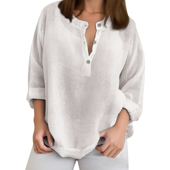MIXUE Women Blouses Solid Color Shirt Linen V Neck Long Sleeve Loose Casual S Womens Summer Tops Streetwear,White,XXL