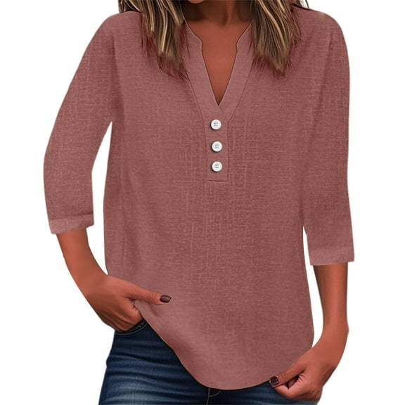 MIXUE Women Blouses Solid Color V Neck Button Up 3/4 Sleeve Slim Womens Summer Tops Holiday Wear,Pink,S