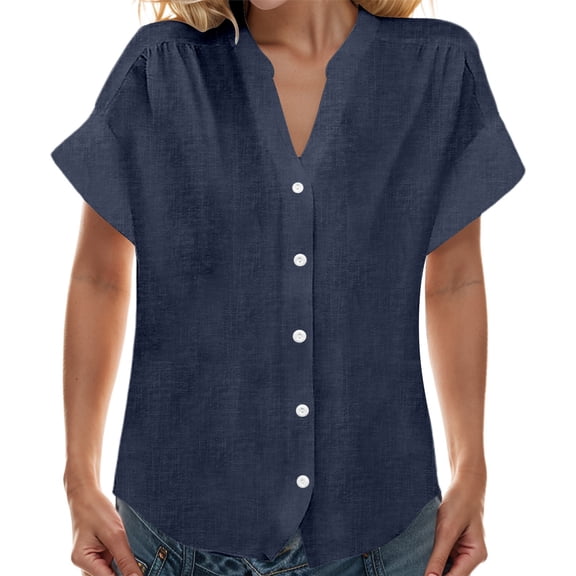 MIXUE Women Blouses Solid Color V Neck Stank Botton Down Short Sleeve Loose Fit Womens Summer Tops Beachwear,Blue,XL