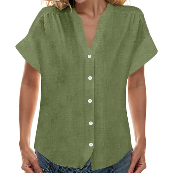MIXUE Women Blouses Solid Color V Neck Stank Botton Down Short Sleeve Loose Fit Womens Summer Tops Holiday Wear,Green,S