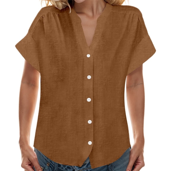 MIXUE Women Blouses Solid Color V Neck Stank Botton Down Short Sleeve Loose Fit Womens Summer Tops Sportwear,Brown,M