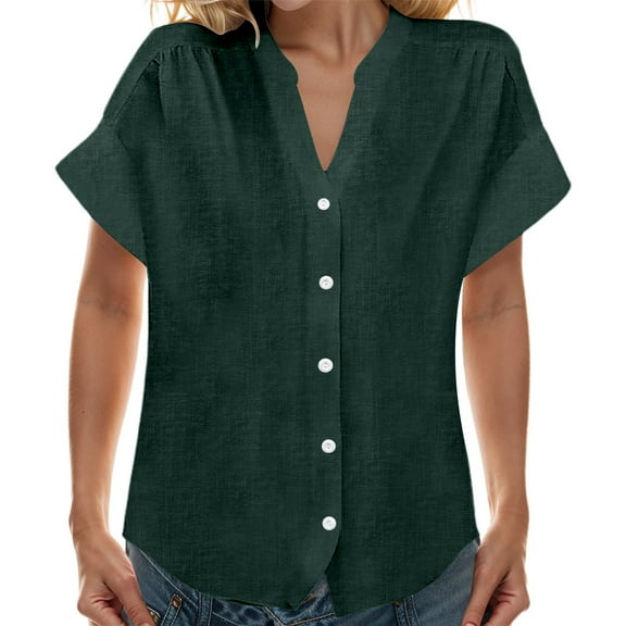 MIXUE Women Blouses Solid Color V Neck Stank Botton Down Short Sleeve Loose Fit Womens Summer Tops Sportwear,Green,XL