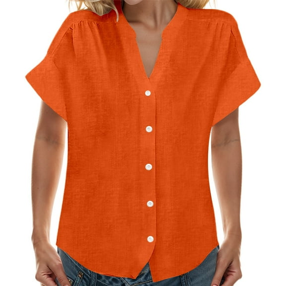 MIXUE Women Blouses Solid Color V Neck Stank Botton Down Short Sleeve Loose Fit Womens Summer Tops Streetwear,Orange,S
