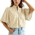thumbnail image 1 of MIXUE Women Blouses Summer Denim Solid Color Lace Hollow Out V Neck Short Sleeve Stylish Casual Womens Tops Activewear,White,S, 1 of 5