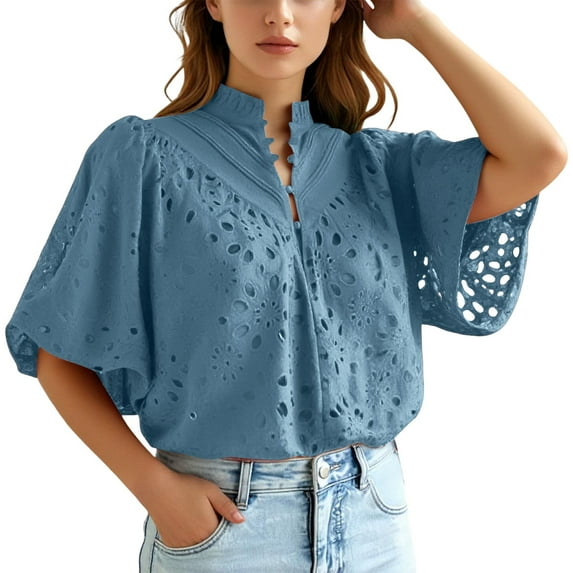 MIXUE Women Blouses Summer Denim Solid Color Lace Hollow Out V Neck Short Sleeve Stylish Casual Womens Tops Sportswear,Black,XXL
