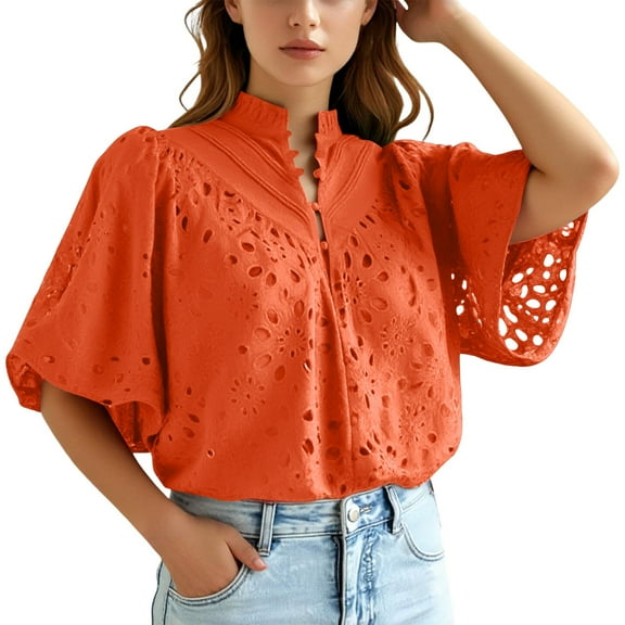 MIXUE Women Blouses Summer Denim Solid Color Lace Hollow Out V Neck Short Sleeve Stylish Casual Womens Tops Sportswear,Red,S