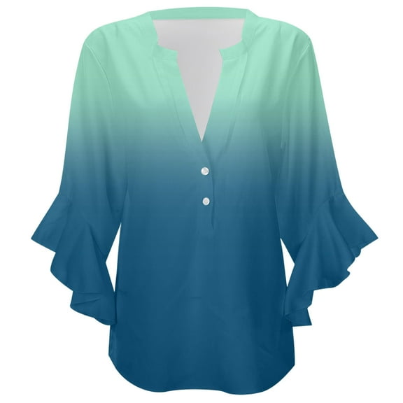 MIXUE Women Blouses Summer Gradient Print V Neck Long Sleeve Loose Stylish Casual Womens Tops Holiday Wear,Green,M