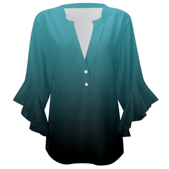MIXUE Women Blouses Summer Gradient Print V Neck Long Sleeve Loose Stylish Casual Womens Tops Sportswear,Blue,XL