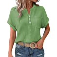 thumbnail image 1 of MIXUE Women Blouses Summer Linen Solid Color V Neck Button Short Sleeve Womens Tops Holiday Wear,Green,XXL, 1 of 1