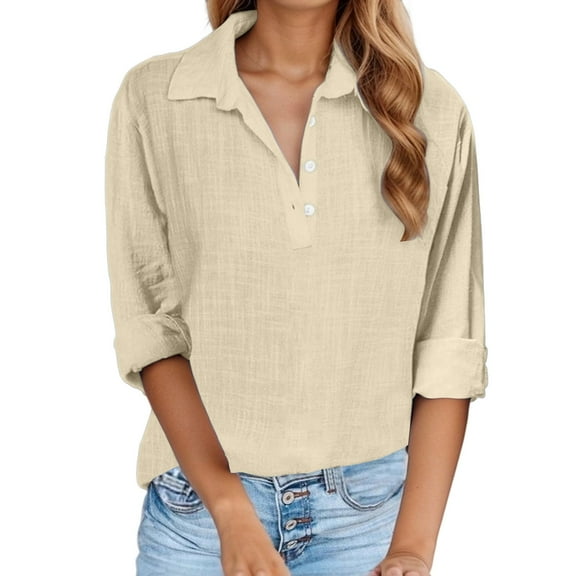 MIXUE Women Blouses Summer Solid Color Lapel Button Down Short Sleeve Casual Stylish Womens Tops Activewear,Beige,M