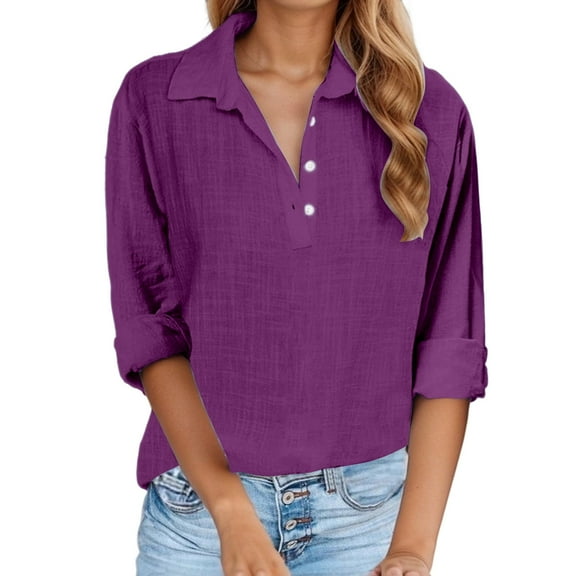 MIXUE Women Blouses Summer Solid Color Lapel Button Down Short Sleeve Casual Stylish Womens Tops Holiday Wear,Purple,L