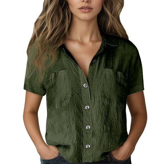MIXUE Women Blouses Summer Solid Color Lapel Button Down Short Sleeve Fashion Casual Womens Tops Sportswear,Green,XL