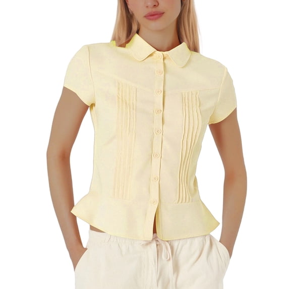 MIXUE Women Blouses Summer Solid Color Lapel Button Down Short Sleeve Slim Womens Tops Outwear,Yellow,S