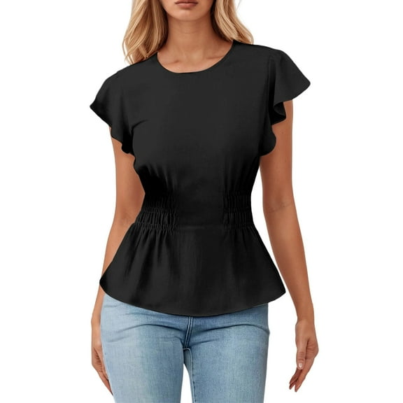 MIXUE Women Blouses Summer Solid Color Round Neck Short Sleeve Pleated Elegant Womens Tops Activewear,Black,L