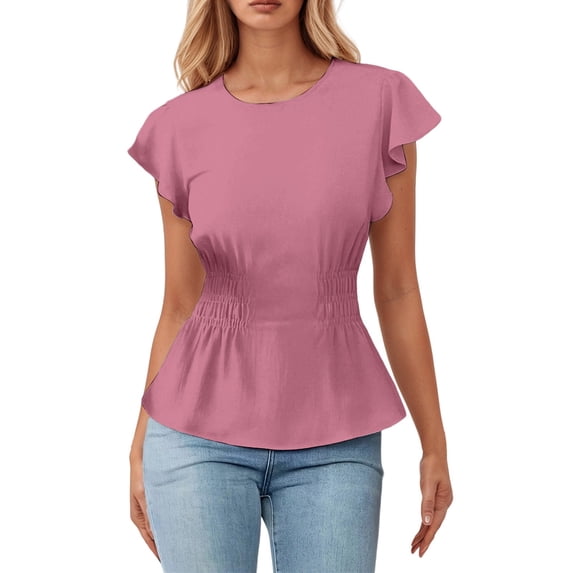MIXUE Women Blouses Summer Solid Color Round Neck Short Sleeve Pleated Elegant Womens Tops Activewear,Pink,L