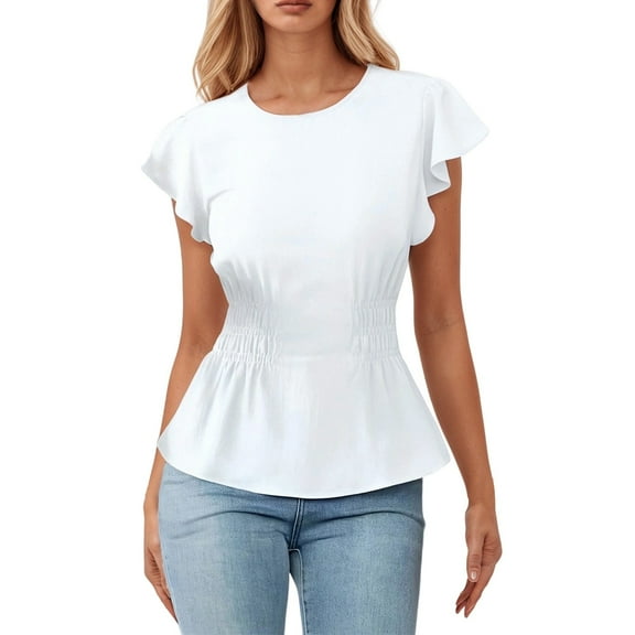 MIXUE Women Blouses Summer Solid Color Round Neck Short Sleeve Pleated Elegant Womens Tops Daily-Wear,White,M