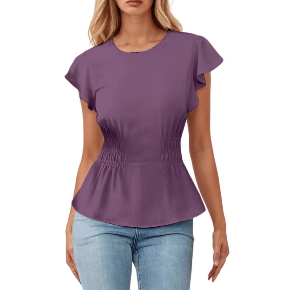 MIXUE Women Blouses Summer Solid Color Round Neck Short Sleeve Pleated Elegant Womens Tops Sportswear,Purple,XXL