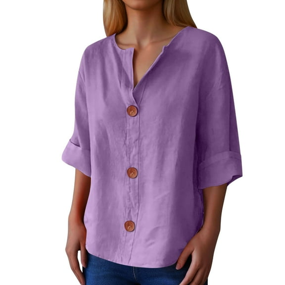 MIXUE Women Blouses Summer Solid Color V Neck Button Down Short Sleeve Loose Fit Casual Classic Womens Tops Daily-Wear,Purple,S