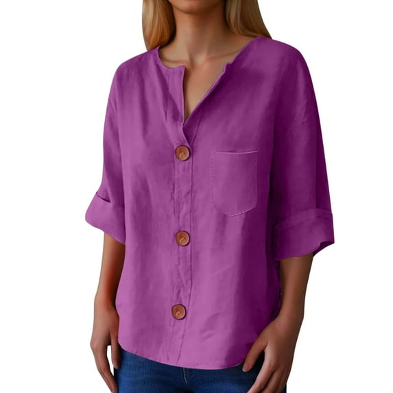 MIXUE Women Blouses Summer Solid Color V Neck Button Down Short Sleeve Loose Fit Casual Classic Womens Tops Sportswear,Purple,XXXL