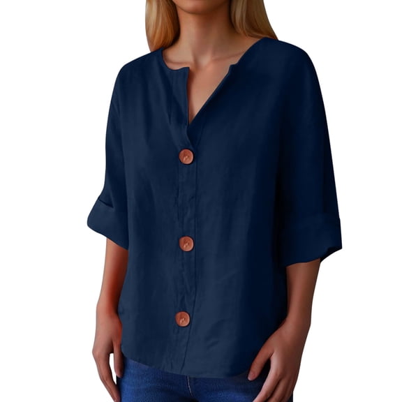 MIXUE Women Blouses Summer Solid Color V Neck Button Down Short Sleeve Loose Fit Casual Classic Womens Tops Streetwear,Blue,M
