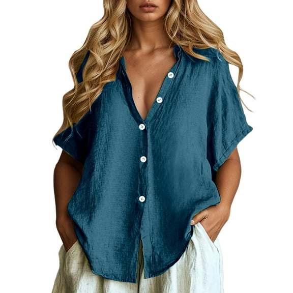 MIXUE Women Blouses Summer Solid Color V Neck Button Down Short Sleeve Loose Fit Casual Warm Womens Tops Activewear,Blue,S