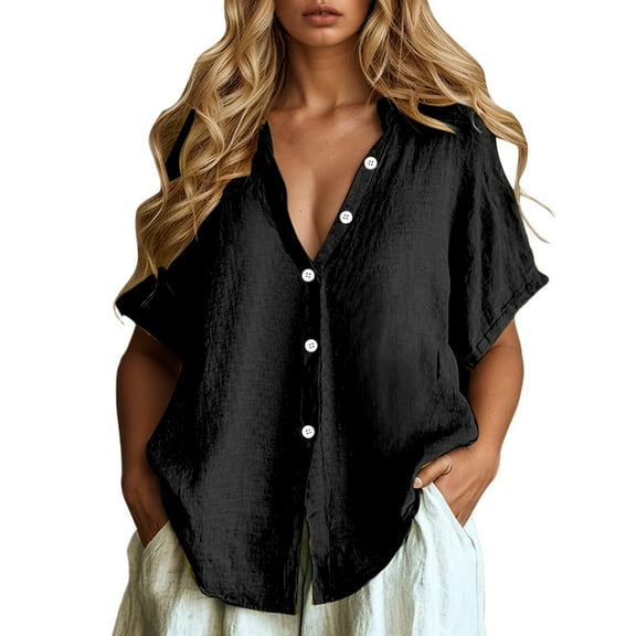 MIXUE Women Blouses Summer Solid Color V Neck Button Down Short Sleeve Loose Fit Casual Warm Womens Tops Holiday Wear,Black,M