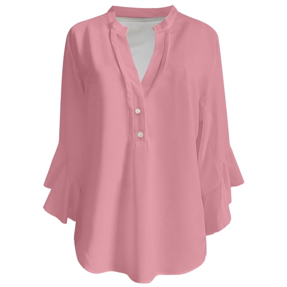 MIXUE Women Blouses Summer Solid Color V Neck Button Down Short Sleeve Loose Fit Casual Womens Tops Daily-Wear,Pink,XXXL