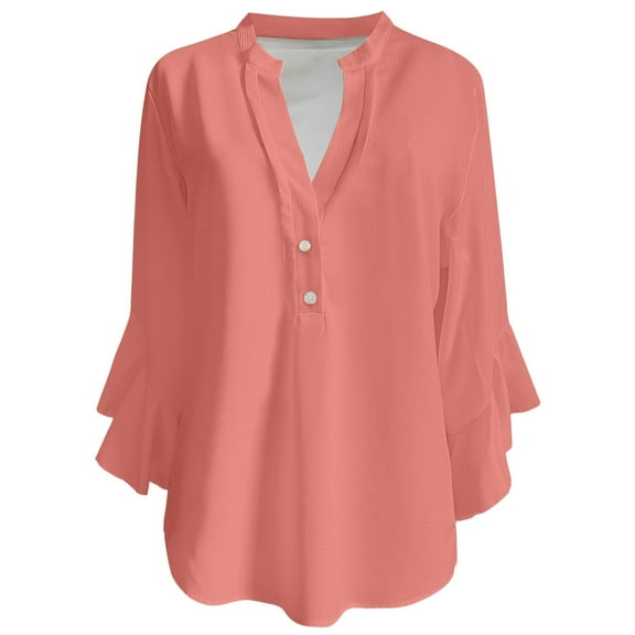 MIXUE Women Blouses Summer Solid Color V Neck Button Down Short Sleeve Loose Fit Casual Womens Tops Sportswear,Orange,L