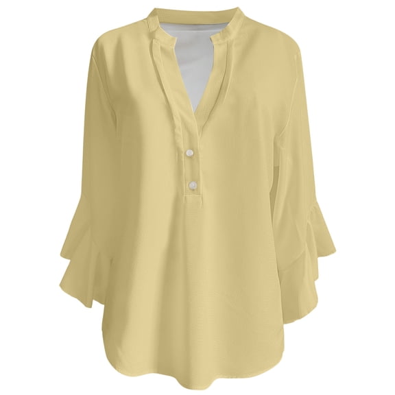 MIXUE Women Blouses Summer Solid Color V Neck Button Down Short Sleeve Loose Fit Casual Womens Tops Sportswear,Yellow,L
