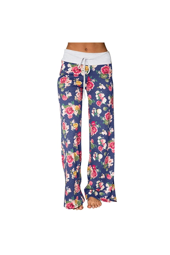 Women Pants Comfy Casual Floral Print Drawstrings Lounge Pants Trendy Wide Leg Stretchy Palazzo Pants With Pockets