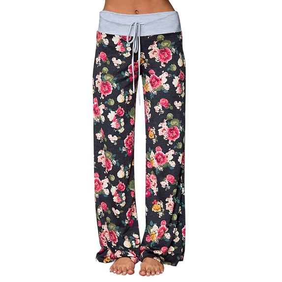 MIXUE Women Pants Comfy Casual Floral Print Drawstrings Lounge Pants Trendy Wide Leg Stretchy Palazzo Pants With Pockets
