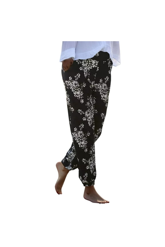 Women Pants Summer Elastic Waist Trousers With Pockets Vintage Floral Print Boho Beach Pants Comfort Lightweight Joggers