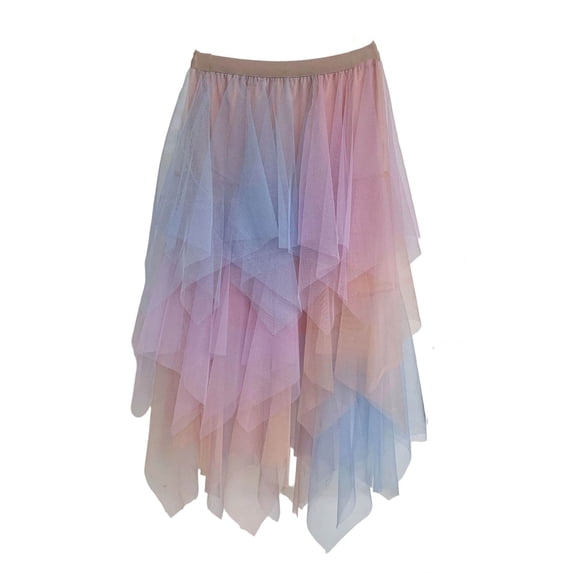 MIXUE Women Skirts Asymmetrical Tie Dye Print Layered Peplum Skirts High Waist Flowy Mesh Midi Party Elegant Midi Skirts