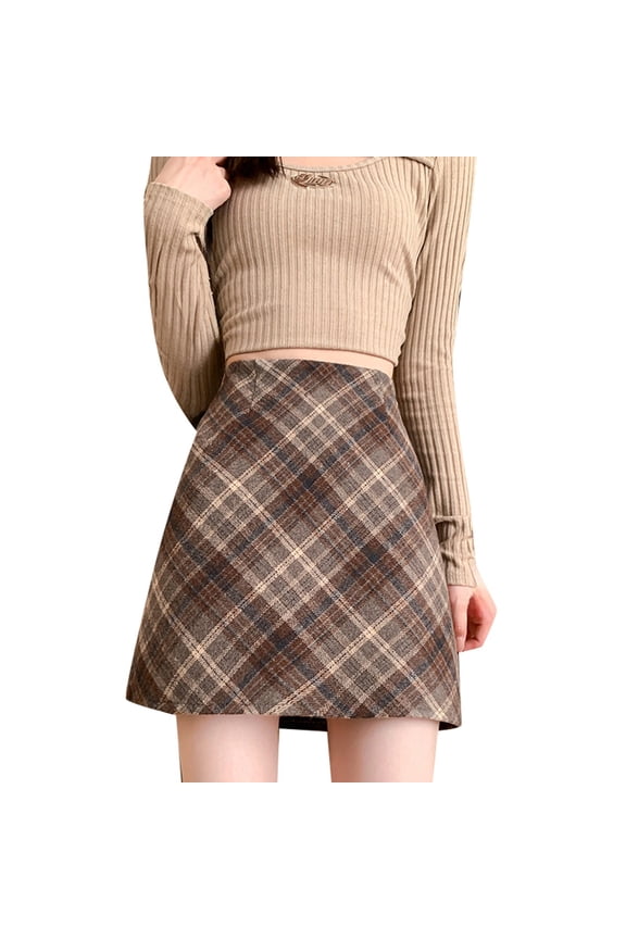 Women Skirts Autumn Plaid Print Skirts High Waist Slim Mini Blend Tartan Skirts With Pockets Casual Pencil Skirts